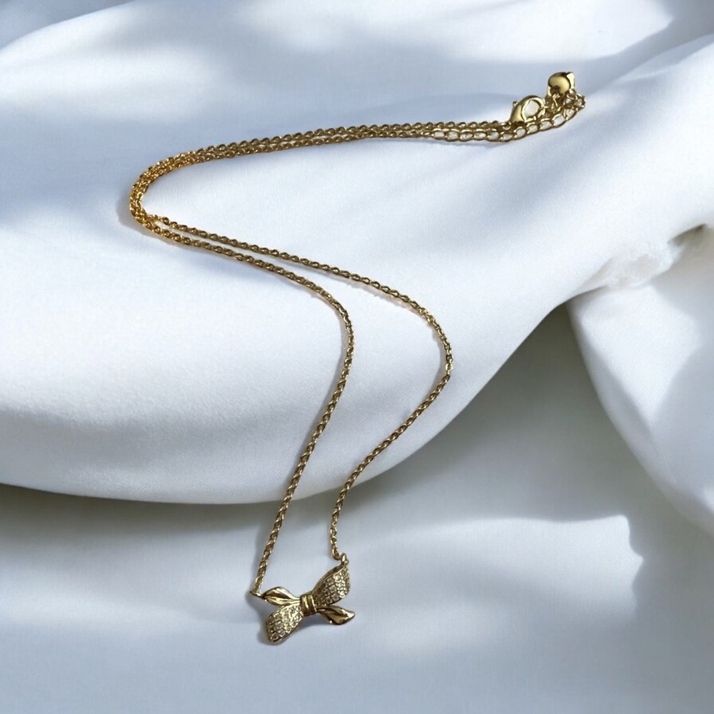 14k Gold Electroplated With Paved Cz Stones Bow Pendant Necklace